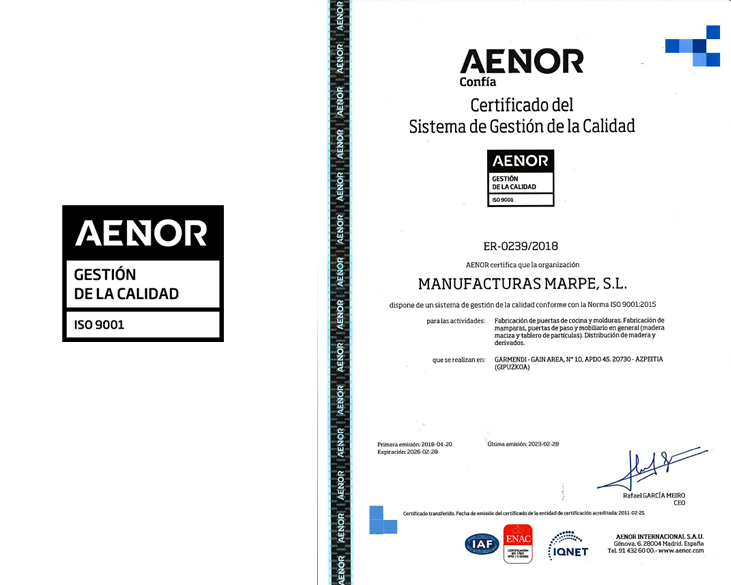 Manufacturas Marpe está cuenta con la certifiación de calidad AENOR ISO 9001:2008